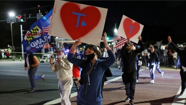 Supporters of President Donald Trump rally outside Walter Reed National Military Medical Center 3 October 2020