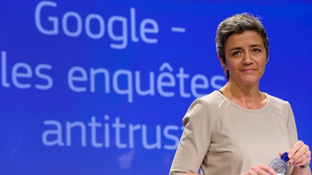EU Competition Commissioner Margrethe Vestager is talking to media about the objections to Google on comparison shopping service and opens separate formal investigation on Android. (Photo by Thierry Tronnel/Corbis via Getty Images)