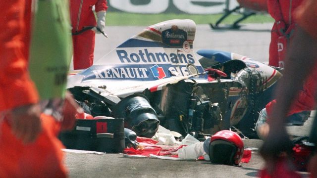 Lo que quedó del Williams-Renault en el que se mató Ayrton Senna.
