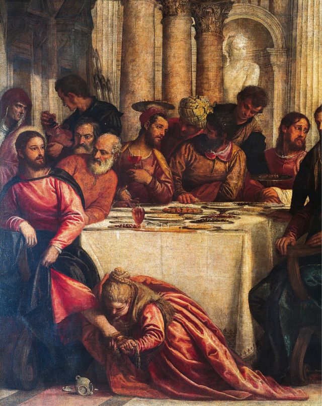 María Magdalena lavándole los pies a Jesús, detalle de "Cena en casa del fariseo", 1570, de Paolo Caliari conocido como Veronese.