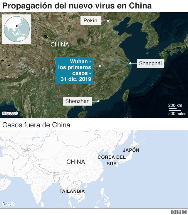 Mapa de la propagación del virus en y fuera de China