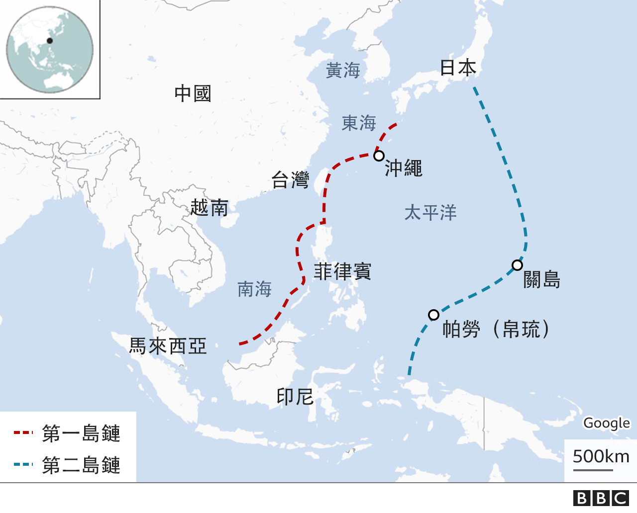 第一岛链和第二岛链图示