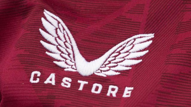 A detailed view of a Castore crest is seen prior to the Premier League match between West Ham United and Aston Villa