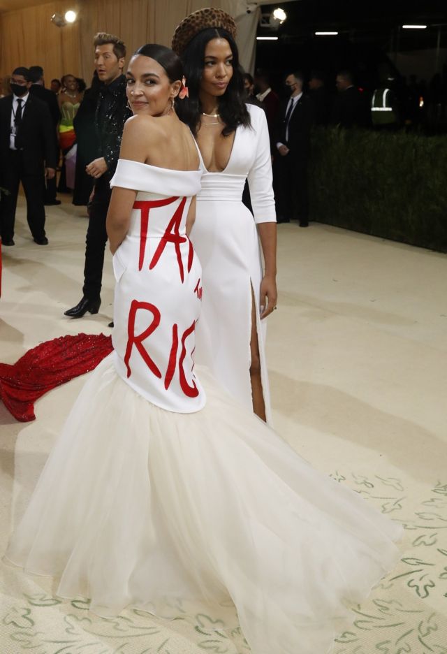 Democratic congresswoman Alexandria Ocasio-Cortez in a dress emblazoned with the words "Tax the Rich"
