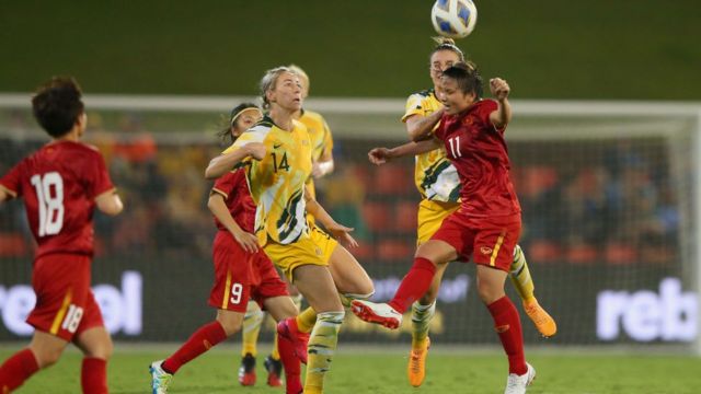 Thai Thi Thao of Vietnam heads the ball during the Women's Olympic Football Tournament Play-Off match between the Australian Matildas and Vietnam at McDonald Jones Stadium on March 06, 2020 in Newcastle, Australia