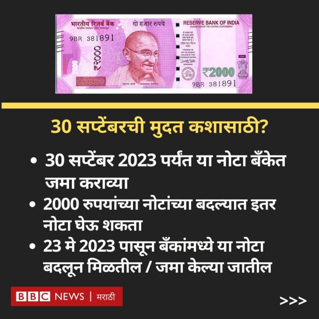 म्हणजे, तुमच्याकडे 2000 रुपयांच्या नोटा असल्यास यापुढेही त्या नक्की वापरता येतील. या नोटेचा वापर करून तुम्ही तुमचे व्यवहार अजूनही पूर्वीप्रमाणे करू शकता.  पण रिझर्व्ह बँकेने त्यासाठी 30 सप्टेंबर 2023 पर्यंतची मुदत दिलेली आहे. या मुदतीपर्यंत या नोटा बँकेत जमा करून त्या बदल्यात इतर मूल्यांच्या नोटा घ्याव्यात, असा सल्ला रिझर्व्ह बँकेकडून देण्यात आला आहे.