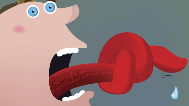 Ilustración de un hombre con un nudo en la lengua