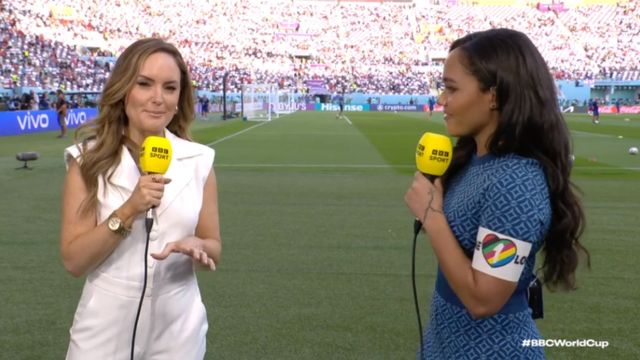 BBC critic Alex Scott wore a badge "One Love" Before England's opening World Cup match against Iran