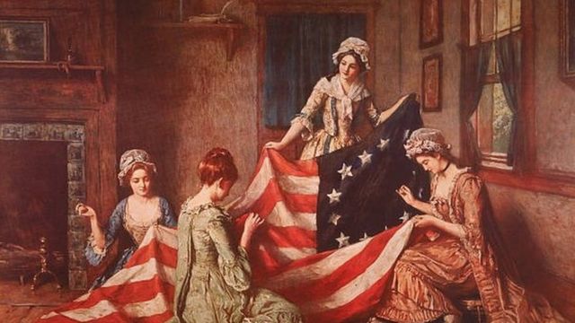 لوحة هنري موسلر "ولادة العلم" تصور بيتسي روس ومساعداتها يقمن بخياطة العلم الأمريكي الأول بفيلادلفيا في بنسلفانيا في عام 1777