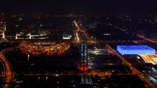 A view of the National Stadium and the National Aquatics Center one year before the opening of the 2022 Winter Olympics, in Beijing