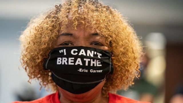 Gwen Carr, the mother of Eric Garner, wearing a protective mask attends New York Governor Andrew Cuomo's daily media briefing at the Office of the Governor of the State of New York on 12 June 2020 in New York City