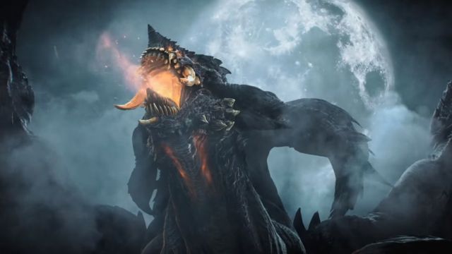 A giant demon breathes fire in front of the moon