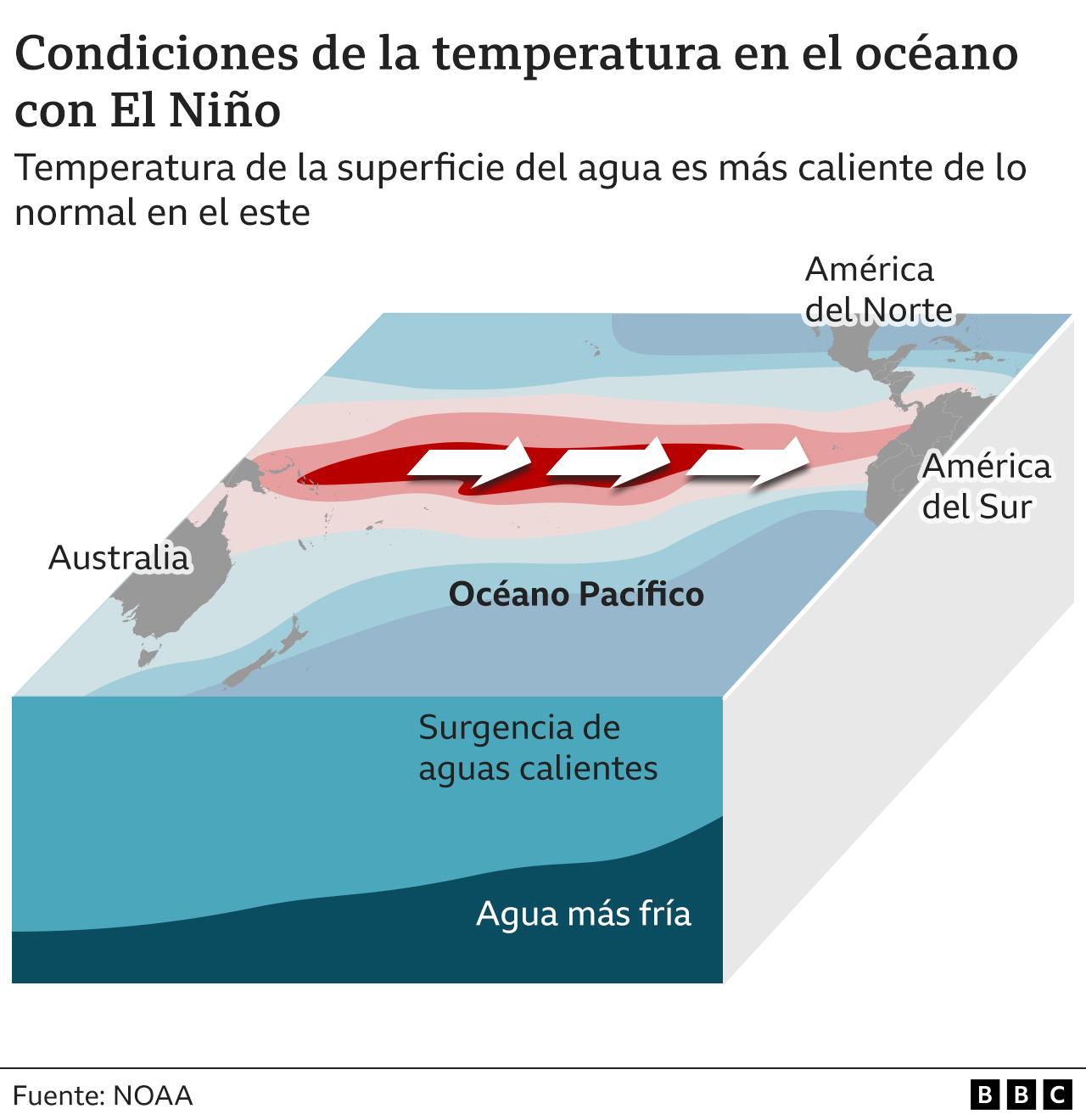 Gráfico mostrando las condiciones de temperatura en el océano cuando ocurre El Niño