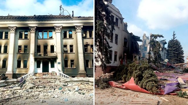 Последствия удара по зданию драматического театра в Мариуполе