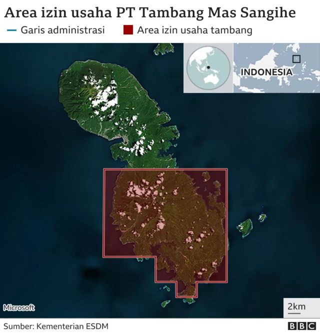 Area izin usaha TMS mencakup hampir setengah wilayah Pulau Sangihe, Sulawesi Utara.