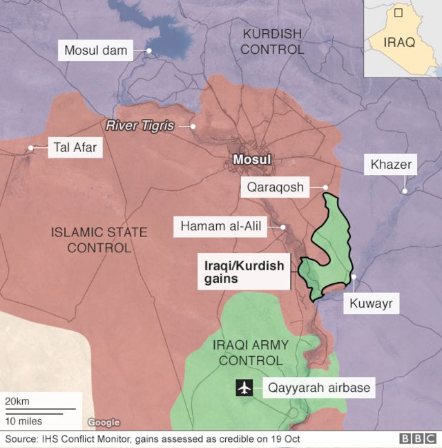 Map showing areas of control in Iraqi city of Mosul
