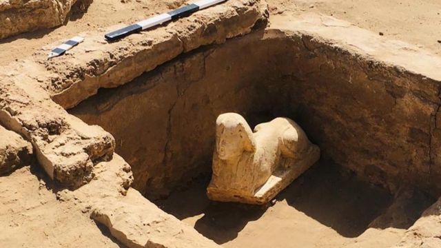 A Sphynx statue unearthed during excavation work at the eastern side of Dendara Temple in Qena governorate, Egypt