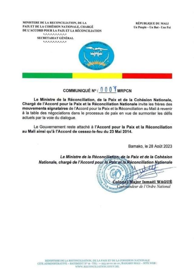 Communiqué du ministre de la Réconciliation, de la paix et de la cohésion nationale, le colonel-major Ismaël Wagué.