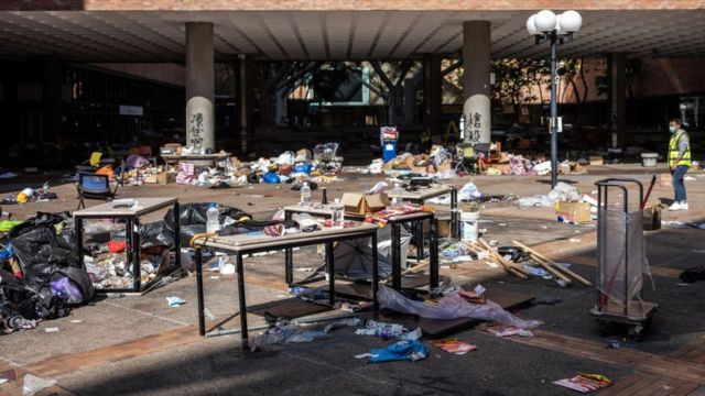 Debris lay strewn on the ground at the Hong Kong Polytechnic University in the Hung Hom district of Hong Kong, China, on Friday, Nov. 29, 2019.