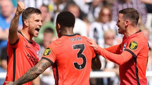 Brighton players celebrate their goal against Newcastle