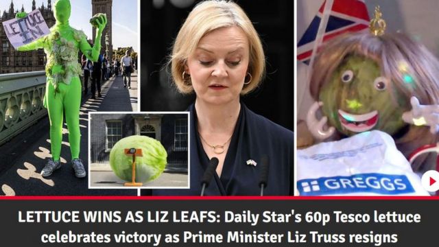 The design where lettuce appears, a man in disguise and Liz Truss.