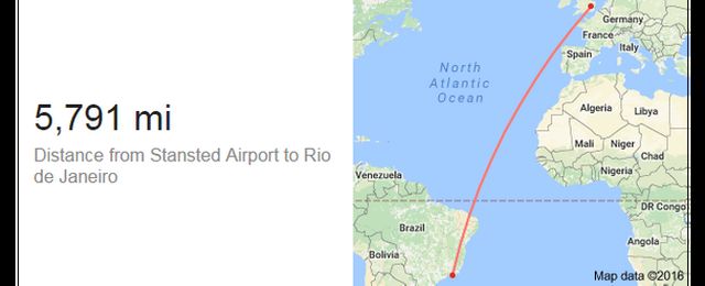 A map of the journey from Stansted to Rio shows it is 5,791 miles