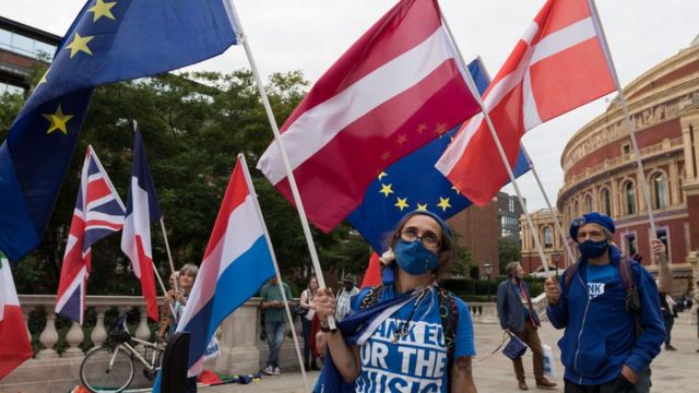 نشطاء وموسيقيون مؤيدون للاتحاد الأوروبي يلوحون بأعلامه في 11 سبتمبر/أيلول 2021 في لندن