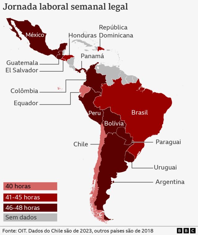 Mapa da jornada laboral semanal legal em países da América Latina