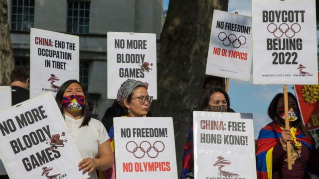 Free Tibet campaigners and members of the Hong Kong, Tibetan and Uyghur communities hold protest in 2021