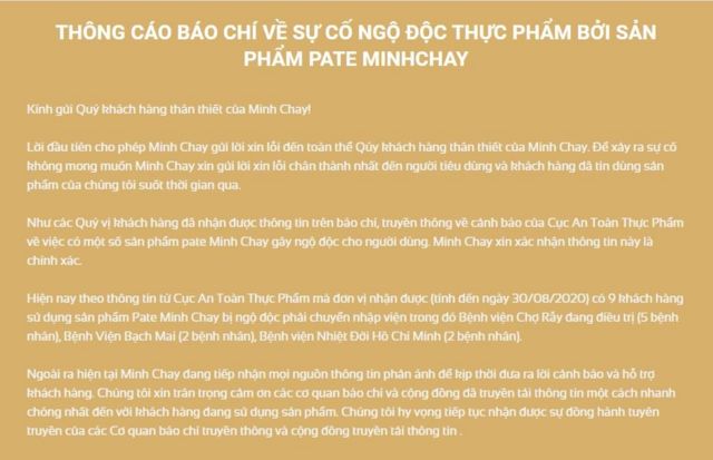 Trang web Minhchay.com đưa ra thông báo về vụ ngộ độc.