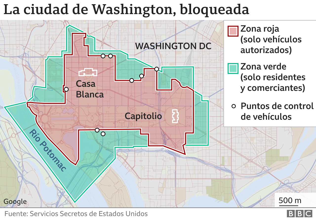 Mapa de bloqueo de calles en la ciudad de Washington.