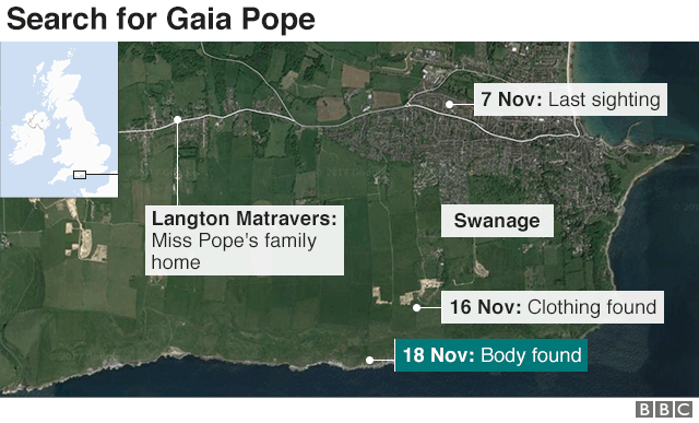 Map showing key points in search for Gaia Pope