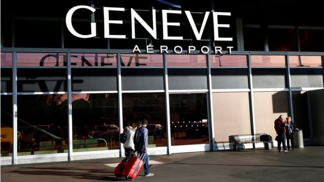 Passengers arrive at the departure building at Cointrin airport in Geneva, Switzerland, April 12, 2016.