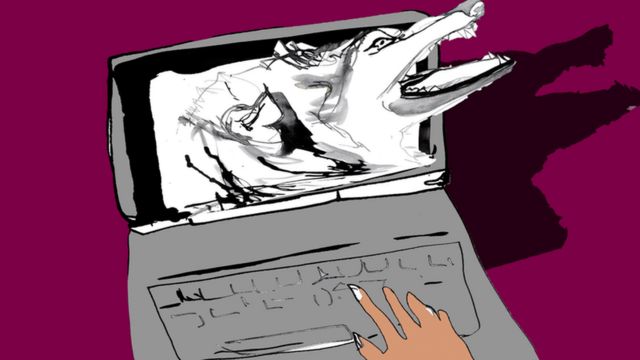 Ilustración de un lobo saliendo de la pantalla de una computadora. Ilustración de Katie Horwich.