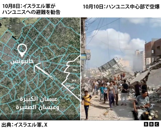 ハンユニスへの避難指示と空爆の画像