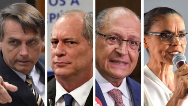 Composição com os rostos de Jair Bolsonaro, Ciro Gomes, Geraldo Alckmin e Marina Silva