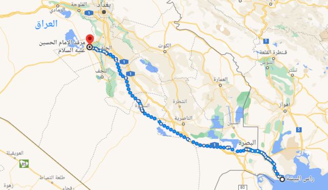 صورة من خرائط غوغل تظهر الطريق بين رأس البيشة في شبه جزيرة الفاو ومحافظة كربلاء
