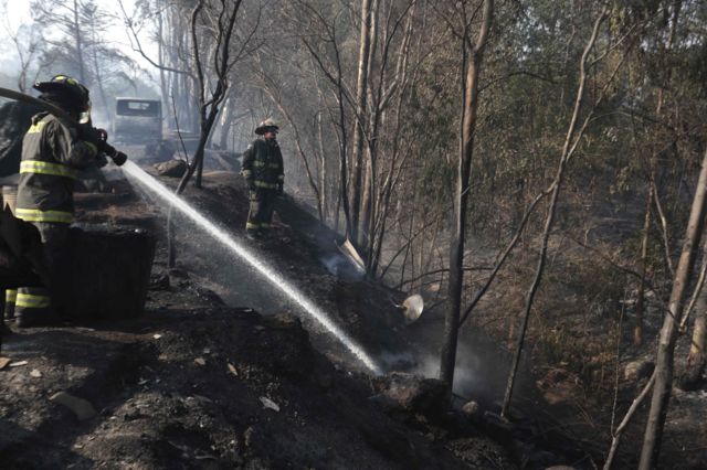 Bomberos apagan un incendio en El Patagual, cerca de Viña del Mar.