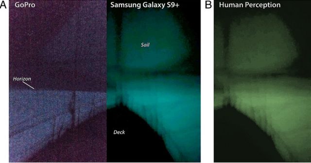 Fotografía digital del mar lechoso de Java de 2019, capturada por la tripulación de Ganesha, que muestra una vista de (A) la proa del barco y (B) una versión con ajuste de color de la foto de Samsung que se aproxima a la percepción visual del resplandor.