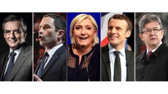 Năm ứng viên chính trong cuộc tuyển cử Tổng thống Pháp (trái sang phải) Francois Fillon, Benoit Hamon, Marine Le Pen, Emmanuel Macron và Jean-Luc Melenchon