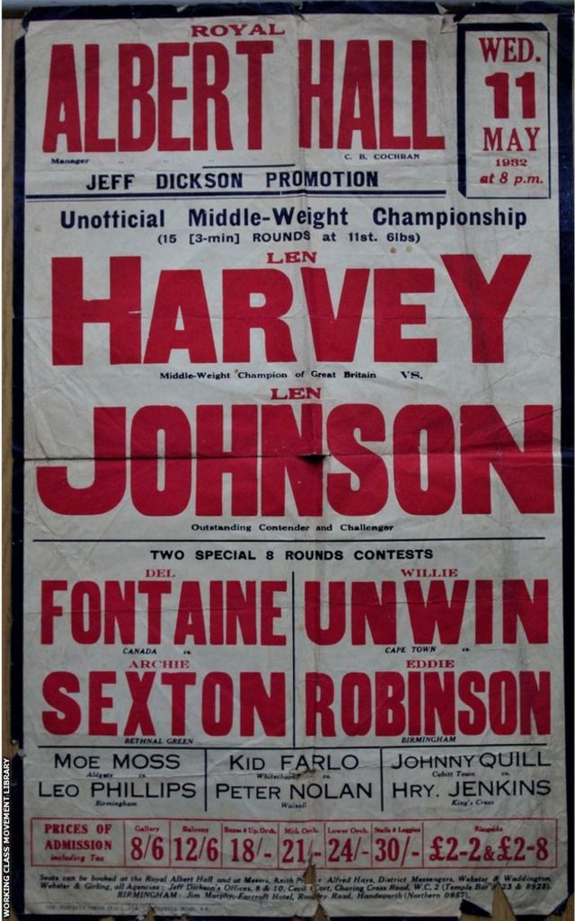 Affiche publicitaire de la lutte de Len Johnson avec Len Harvey au Albert Theatre en 1932