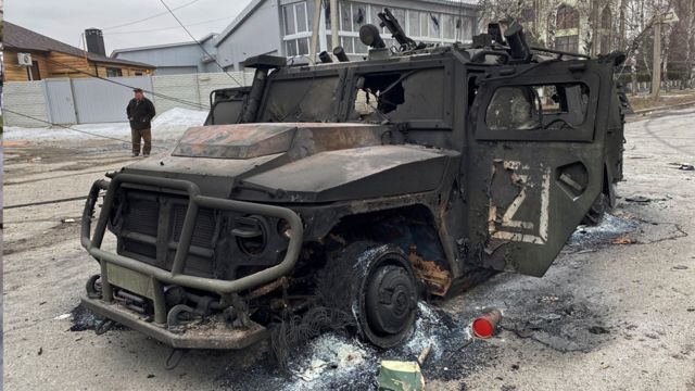 A destroyed Russian Army all-terrain infantry mobility vehicle Tigr-M on a road in Kharkiv, Ukraine, on 28 February 2022