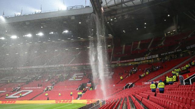 A general view of Old Trafford as the drainage pipe in the roofs of the Sir Alex Ferguson Stand and East Stand leak