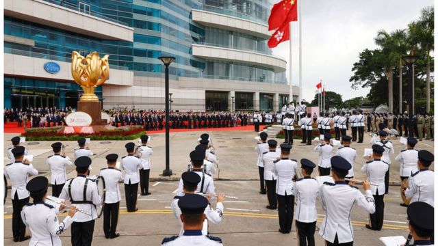 This is the first Chinese marching under the command of Mandarin in Hong Kong's celebration of the transfer of sovereignty.