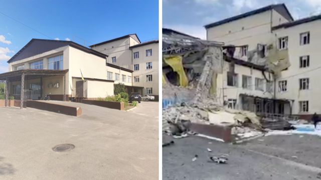 El hospital central en Izyum antes y después de un ataque el 8 de marzo.