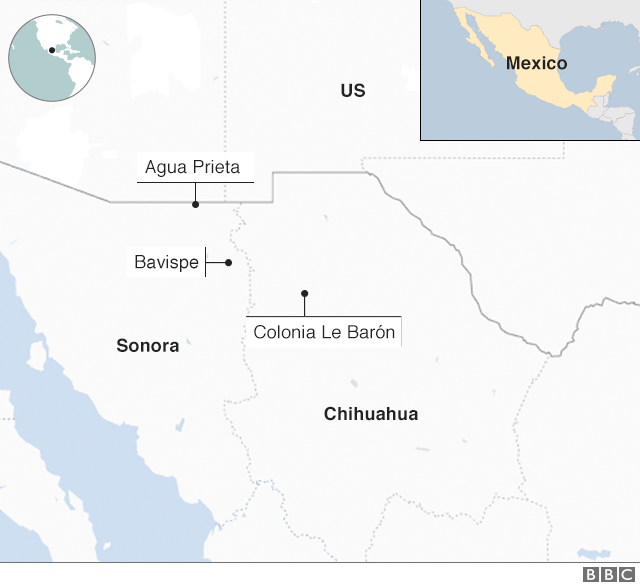 Map showing location of ambush on US-Mexican Mormons in November 2019