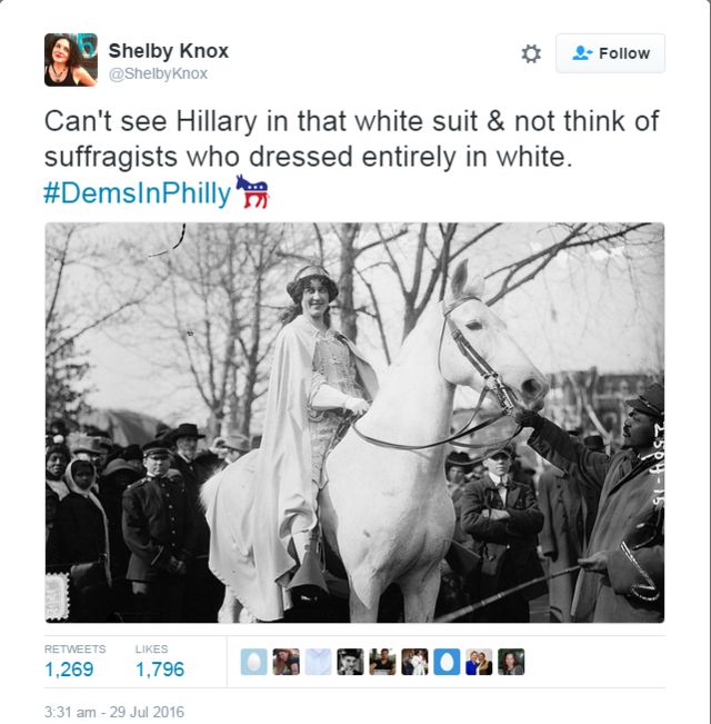 Tweet saying "Can't see Hillary in that white suit and not think of suffragists who dressed entirely in white"