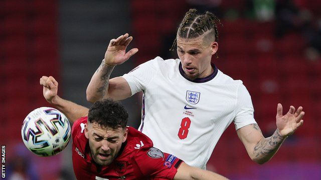 England's Kalvin Phillips in action against Albania in a World Cup 2022 qualifier