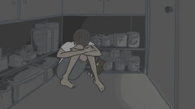 ilustración de una joven encerrada en la despensa.