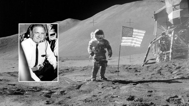 James E Webb y una foto de uno de los alunizajes del Apollo